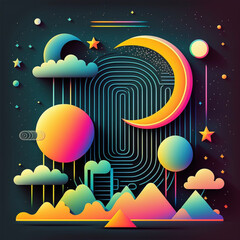Wall Mural - neon rainbow vector portal to outer space with moons stars planets and dark background, generative a