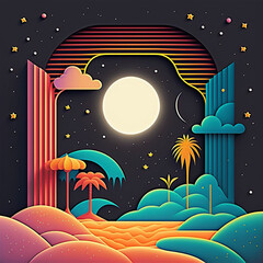 Wall Mural - neon rainbow vector portal to outer space with moons stars planets and dark background, generative a