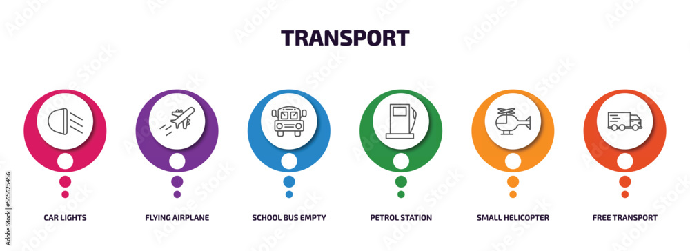 transport infographic element with outline icons and 6 step or option. transport icons such as car lights, flying airplane, school bus empty, petrol station, small helicopter, free transport vector.