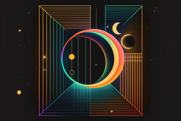 Wall Mural - neon rainbow vector portal to outer space with moons stars planets and dark background, generative a