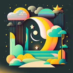 Wall Mural - neon rainbow vector portal to outer space with moons stars planets and dark background, generative a