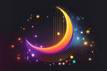 Wall Mural - neon rainbow vector portal to outer space with moons stars planets and dark background, generative a