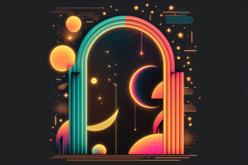 Wall Mural - neon rainbow vector portal to outer space with moons stars planets and dark background, generative a