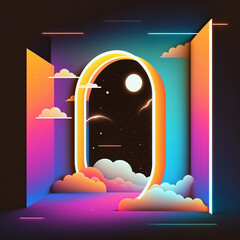 Wall Mural - neon rainbow vector portal to outer space with moons stars planets and dark background, generative a