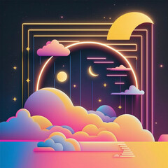 Wall Mural - neon rainbow vector portal to outer space with moons stars planets and dark background, generative a