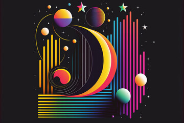 Wall Mural - neon rainbow vector portal to outer space with moons stars planets and dark background, generative a