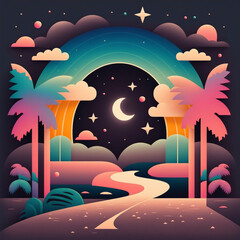 Wall Mural - neon rainbow vector portal to outer space with moons stars planets and dark background, generative a