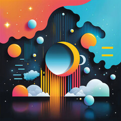 Wall Mural - neon rainbow vector portal to outer space with moons stars planets and dark background, generative a