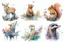 Safari Animal Set Brown Bear, Wolf, Deer, Badger, Squirrel, Weasel In Watercolor Style. Isolated Vector Illustration