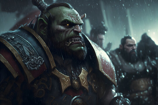 Battle of orcs and paladins, the world of warcraft. A man and an orc face to face, the confrontation of the warriors. Orcs and men in armor