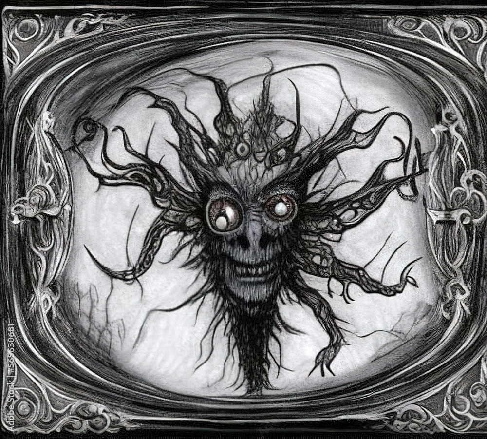 Gothic plaque with strange spider-like spooky face design. Doodle sketch style generative AI sci-fi art.