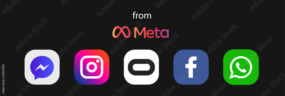 Facebook, Messenger, whatsApp, Instagram, Oculus logos and from META company logo on black. Concept for Metaverse.