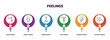 feelings infographic element with outline icons and 6 step or option. feelings icons such as super human, lonely human, bored human, safe drained ecstatic vector.