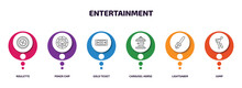 Entertainment Infographic Element With Outline Icons And 6 Step Or Option. Entertainment Icons Such As Roulette, Poker Chip, Gold Ticket, Carousel Horse, Lightsaber, Jump Vector.