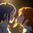 Kiss of two girls in love anime style. Generative AI Content.