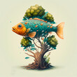Fish up a tree. Conceptual image of a fish up a tree. Fish trapped in an aquatic tree. White background. Isolated. Fable of the fish that must climb trees with a moral. Generative AI.