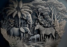 Animals Forest With Tropical Plants, Suitable For Use As A Frame On Wall