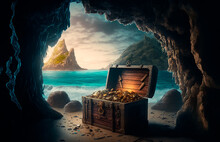 Pirate Treasure Chest In A Cave, Next To The Ocean. Generative AI.