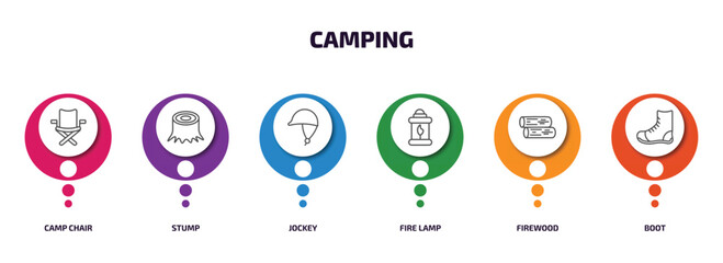 camping infographic element with outline icons and 6 step or option. camping icons such as camp chair, stump, jockey, fire lamp, firewood, boot vector.