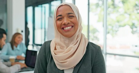 Poster - Face, muslim and mindset with a business woman in her office at work wearing a hijab for religion or faith. Portrait, vision and smile with an islamic female employee standing in her workplace