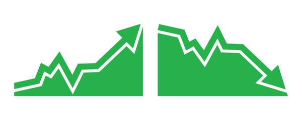 Graph going Up and Down sign with green arrows vector. Flat design vector illustration concept of sales bar chart symbol icon with arrow moving down and sales bar chart with arrow moving up.	