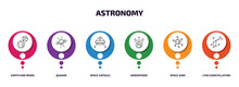 Astronomy Infographic Element With Outline Icons And 6 Step Or Option. Astronomy Icons Such As Earth And Moon, Quasar, Space Capsule, Aerosphere, Space Junk, Lyra Constellation Vector.