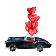Valentine's Day. February 14. Watercolor Hand-painted Romantic Illustration Of A Retro Car With Heart-shaped Balloons. Graphic Element For The Design. Isolate On White