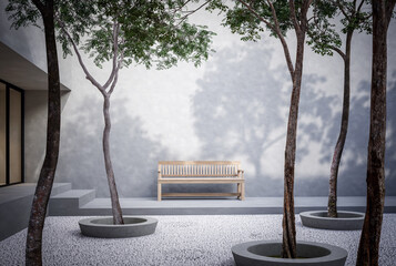 Minimal loft style white stone garden with concrete wall 3d render,Decorated with wooden benches and trees in planter base,sunlight shines through the trees onto an empty wall for content space