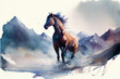 The horse is galloping in the mountains. Illustration with Watercolor style. Created with Generative AI technology.