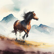 The horse is galloping on the background of mountains. Illustration with Watercolor style. Created with Generative AI technology.