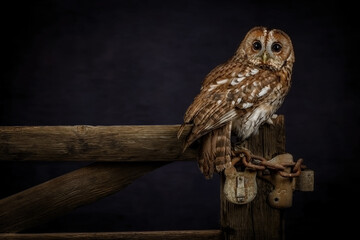tawny owl (strix aluco) looking towards the camera. dark brown nocturnal bird of prey found in woodl