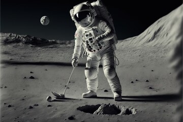 astronaut playing golf on the moon the earth planet on background illustration generative ai