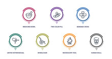 In The Hospital Outline Icons With Infographic Template. Thin Line Icons Such As Medicines Bowl, Two Color Pill, Bandage Cross, United Heterosexual, Wheelchair, Microscope Tool, Human Skull Vector.