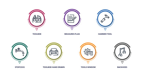 Wall Mural - constructicons outline icons with infographic template. thin line icons such as toolbox, measures plan, hammer tool, stopcock, toolbox hand drawn tool, tools window, backhoes vector.