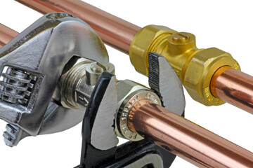 wrenches being used to adjust a compression isolating valve, png transparent.	
