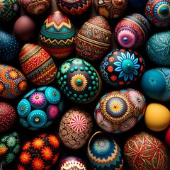 Wall Mural - Top view of many colorfully decorated Easter eggs as a digital illustration (generative AI)