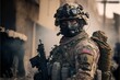 © Coosh448 - Armed special forces patrol soldier in high definition, stylish wallpaper, protection, pride, risk life, us army, modern equipment, weapons, helmet, body armor, equipment, avatar. AI