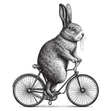 Hand Drawn Engraving Pen And Ink Rabbit Cycling Bicycle Vintage Vector Illustration