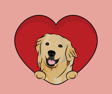 Fun Golden Retriever Dog Hanging With Paws In A Big Valentine's Day Heart. Love Heart With Pet Head And Heart And Footprint. Dog Face Holding Pink Heart Cartoon Icon. St Valentine's Day For Dog Funs.