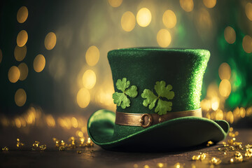 shiny green hat, gold coins and clover leaves. st. patrick's day concept. generative ai illustration