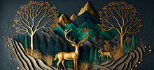 3d Modern Art Mural Wallpaper With Dark Green Jungle, Forest Dark Green Background Colorful Tree. Mountain, Golden Deer, Golden Birds And Gold Waves