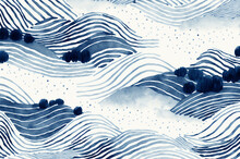 Abstract Playful Hand Drawn Fine Line Watercolor Stripes Rolling Hills Landscape Pattern In Indigo Blue And White. Baby Boy Or Nautical Theme. High Resolution Textile Texture Background