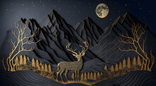 3d Modern Art Mural Wallpaper With Night Landscape With Dark Mountains, Gray Background With Stars Deer, Black Trees, And Golden Waves