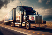 American Style Truck On Freeway Pulling Load. Transportation Theme. Generative AI Illustration.