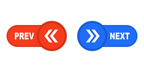 Next and previous buttons. Web buttons with arrows prev and next. Left, right, previous, next icons. Website or app ui pages changer. Stock vector illustration isolated on white background