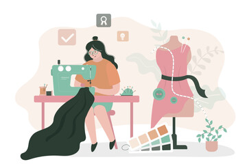 Wall Mural - Woman sews fashionable clothes. Female seamstress uses sewing machine to make stylish clothes. Workplace of seamstress, tailor. Local, small business. Mannequin for fitting. Dressmaker at work.