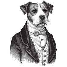Hand Drawn Engraving Pen And Ink Dog Wearing A Suit Vintage Vector Illustration