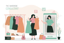 Mobile App With Personal Fashion Stylist Service. Woman Talking With Online Wardrobe Consultant. Female Character Choose Stylish Dress In Storage.