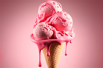 Wall Mural - three balls of delicious strawberry ice cream in wafer cone, pink milk splash, generated arificial intelligence