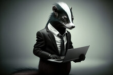  A Man In A Suit And Tie Holding A Laptop Computer And A Skunky Animal In His Lap Top Suit And Tie, With A Black And White Collar.  Generative Ai